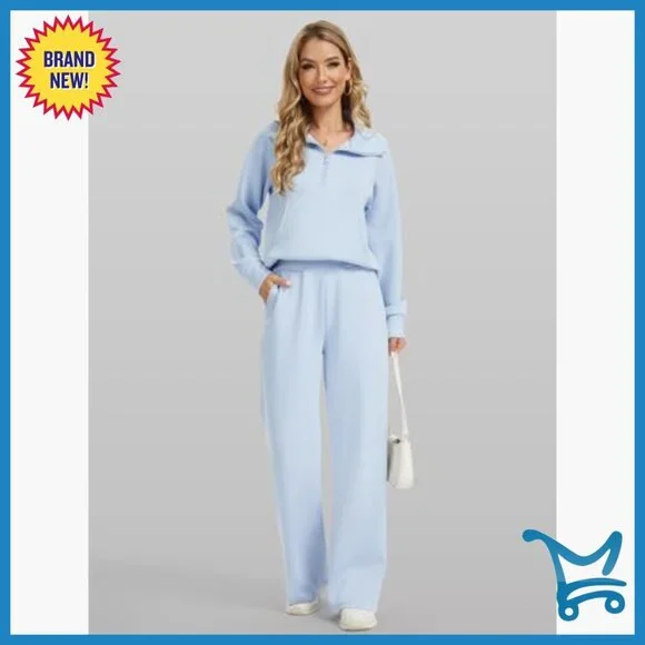 Oversized Half-Zip Sweatshirt & Wide Leg Pants Set, Rayon Blend - Picture 6 of 7